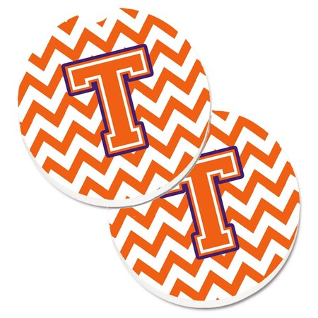 Carolines Treasures Letter T Chevron Orange and Regalia Set of 2 Cup Holder Car Coaster CJ1062-TCARC